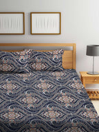 KLOTTHE Blue & Brown Ethnic Motif Printed 300 TC Fitted King Bedsheet With 2 Pillow Covers | Grocsy