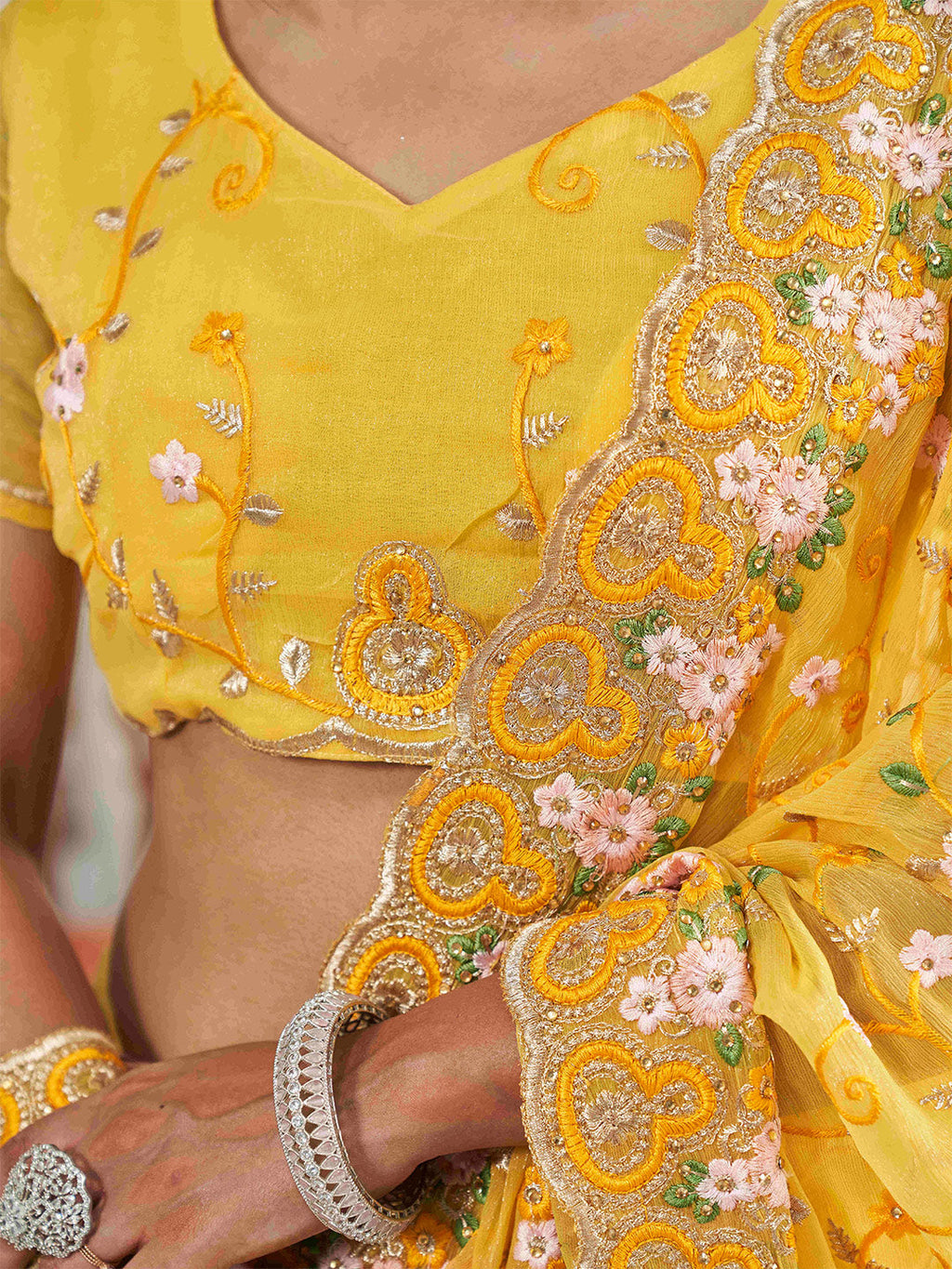 Tikhi Imli Yellow Ethnic Motifs Beads and Stones Embroidered Saree | Grocsy
