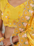 Tikhi Imli Yellow Ethnic Motifs Beads and Stones Embroidered Saree | Grocsy