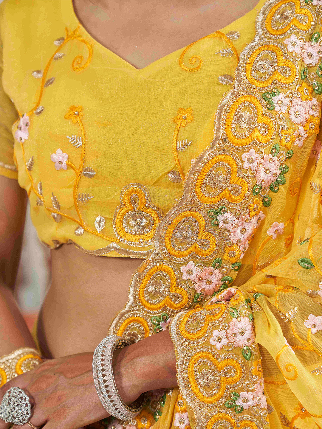 Tikhi Imli Yellow Ethnic Motifs Beads and Stones Embroidered Saree | Grocsy