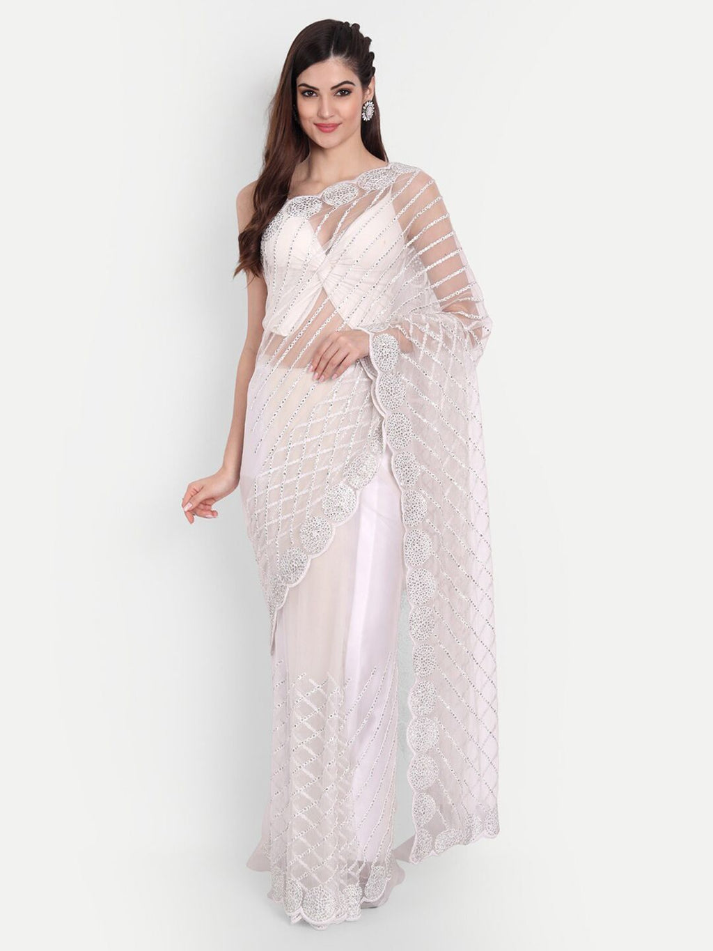 kasee Women White Floral Embroidered Net Saree | Grocsy