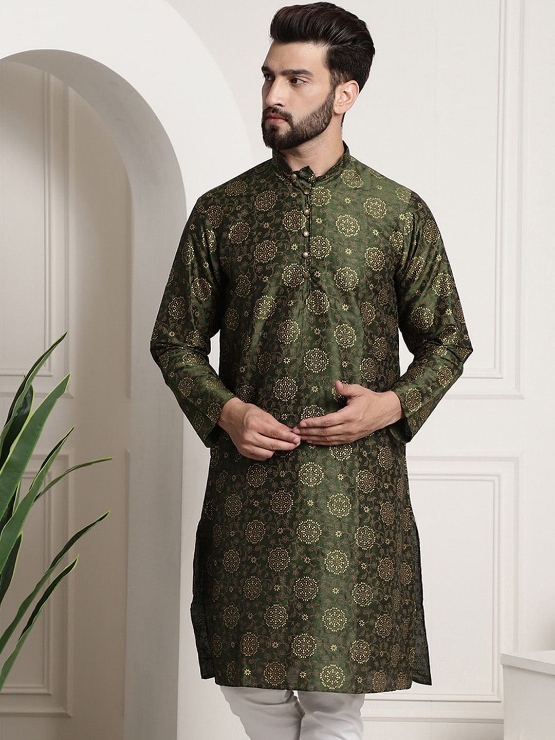 Sojanya Men Green & Brown Ethnic Motifs Printed Kurta | Grocsy