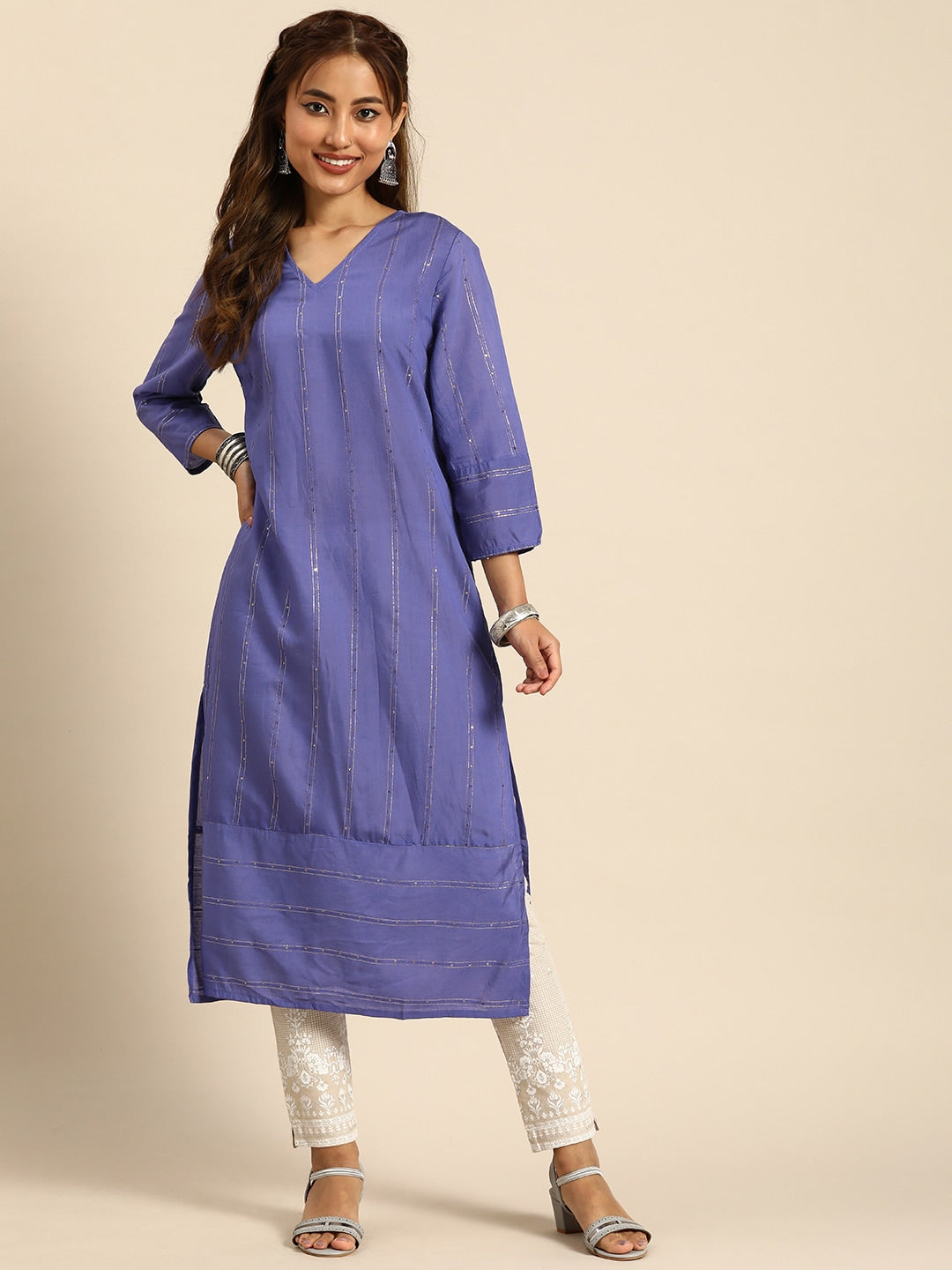 Sangria Women Jacquard Sequinned Chanderi Silk Kurta | Grocsy