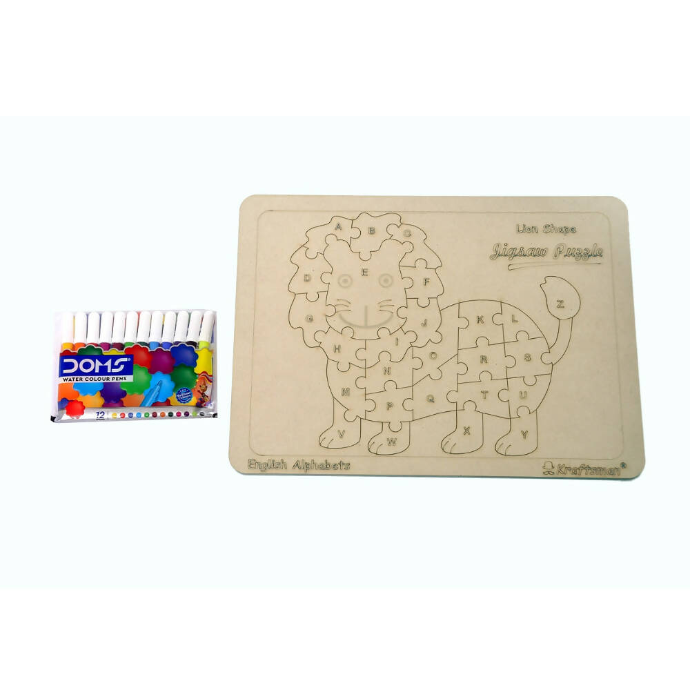 Kraftsman English Alphabets Wooden Jigsaw Puzzles Lion Shape Puzzle | Color Kit Included | Grocsy