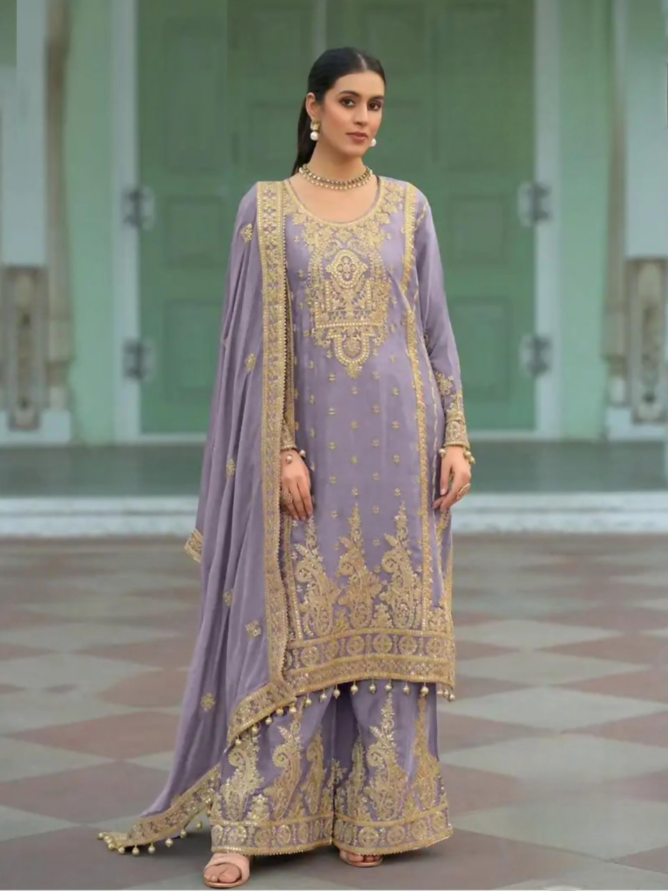 Anaita Lavender Heavy Chinon Readymade Palazzo Suit with Heavy Embroidery Work | Grocsy