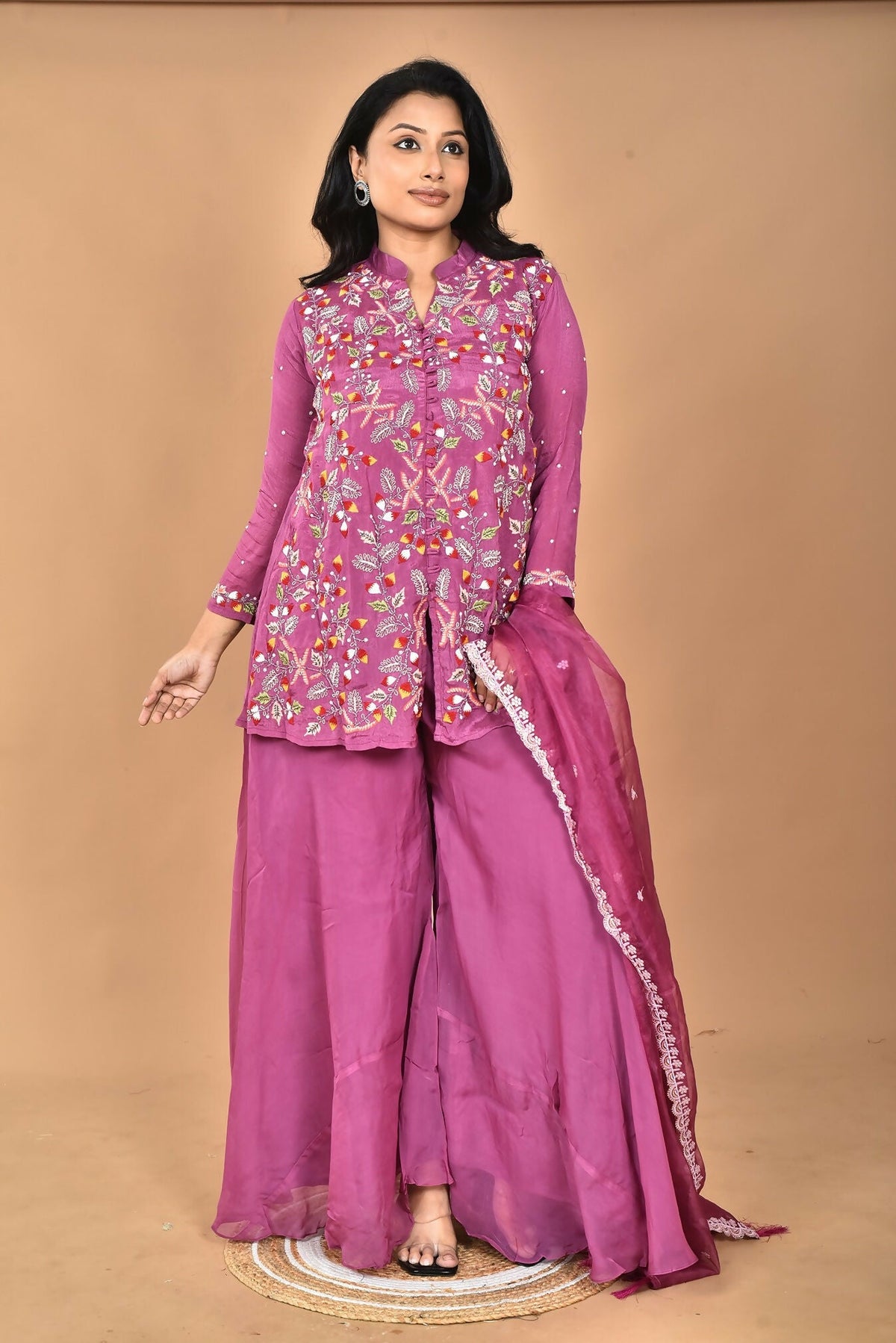 Morchari Women And Hand Embroidery Palazzo Set-Purple | Grocsy