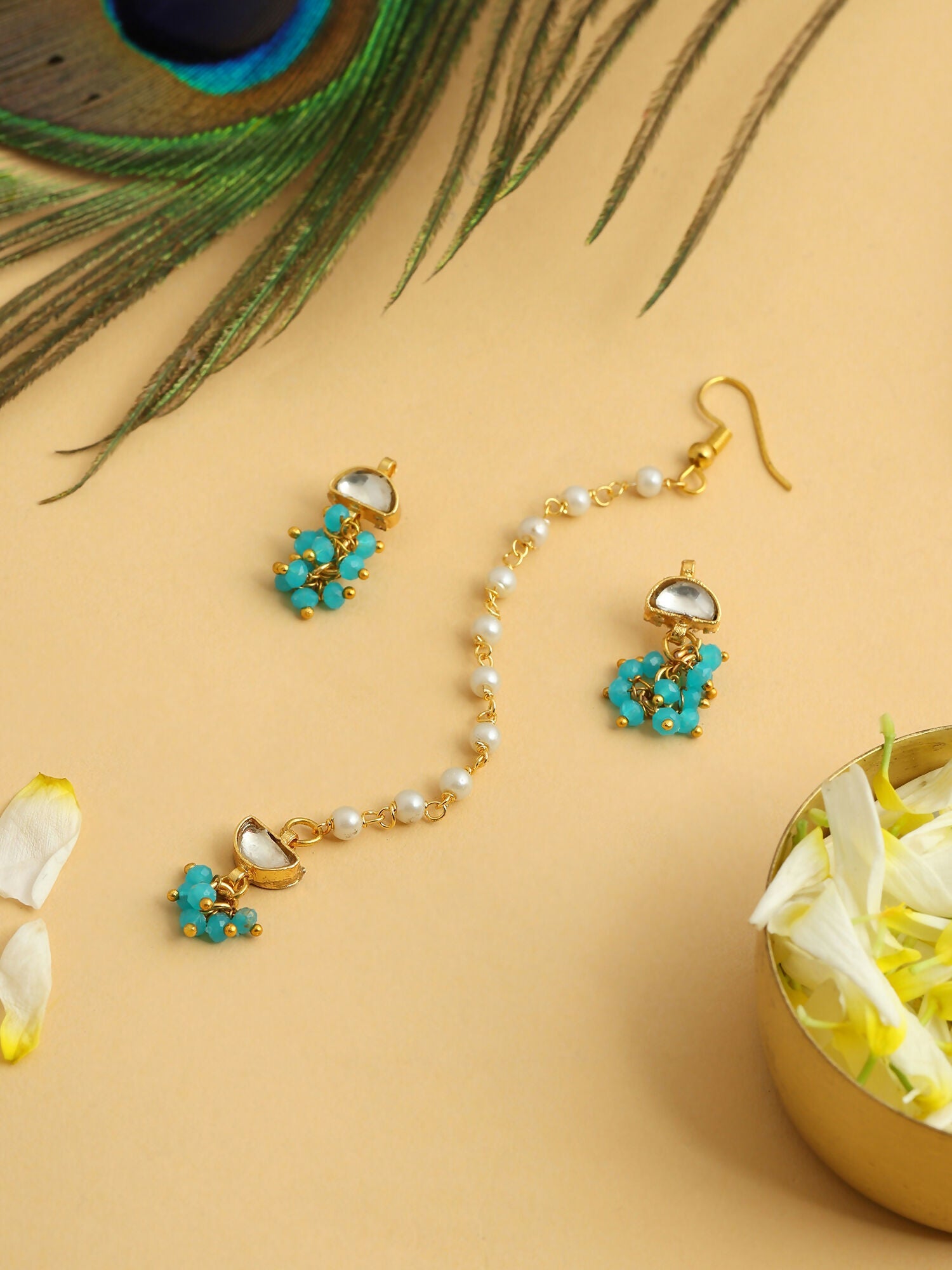 Ruby Raang Semi-Circle Gold Blue Earrings Set With Maang Tikka | Grocsy