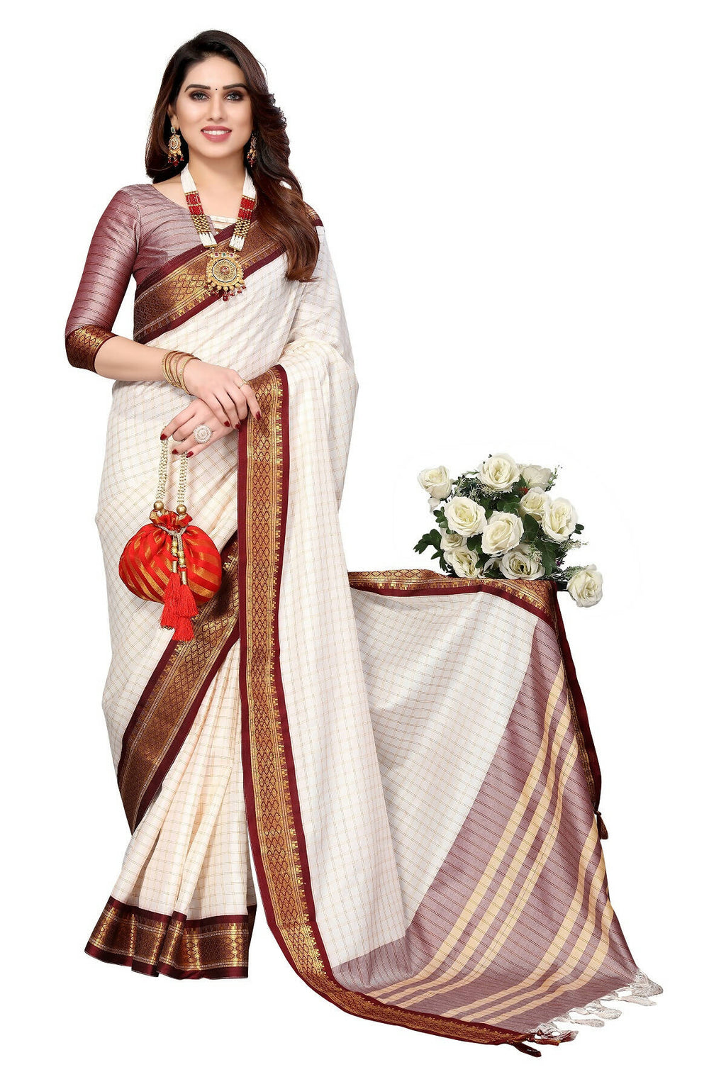 Vamika Weaving White Cotton Silk Saree (DEVAL MAROON) | Grocsy