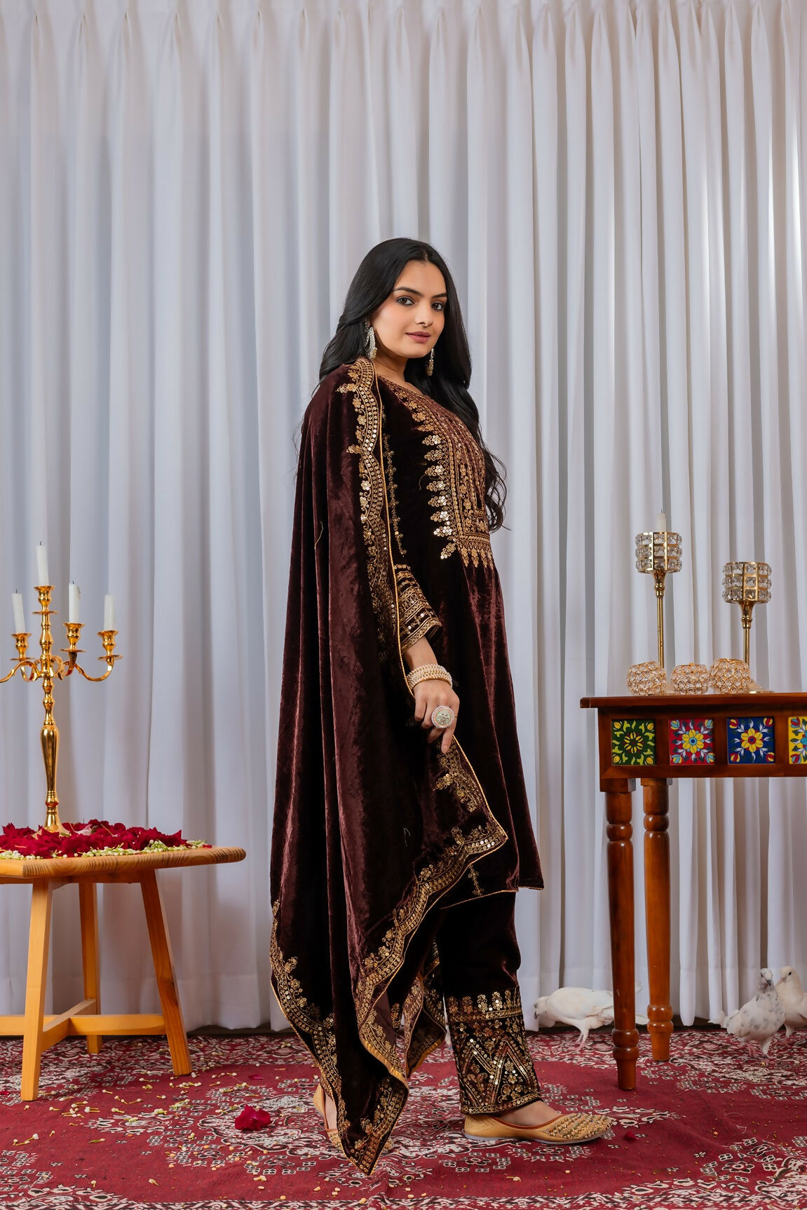 Joban Fashion Wine Velvet Sequence Embroidery Work Kurta Set | Grocsy