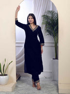 Miravan Women's Blue Velvet Embroidered/Sequence Work Straight Kurta with Palazzo | Grocsy
