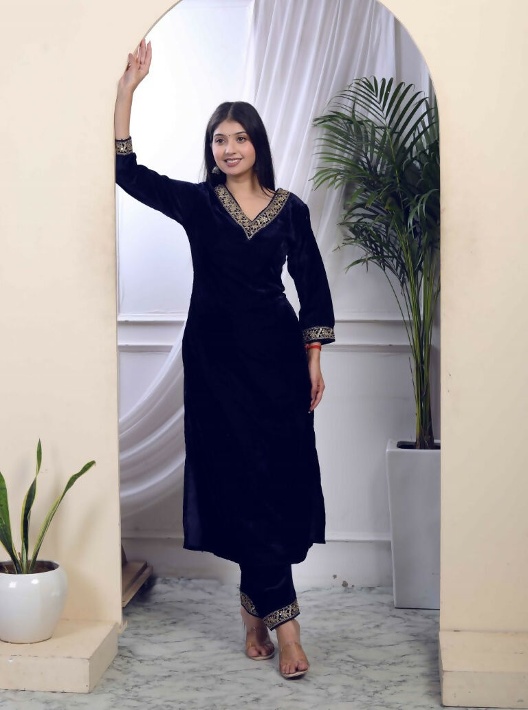 Miravan Women's Blue Velvet Embroidered/Sequence Work Straight Kurta with Palazzo | Grocsy