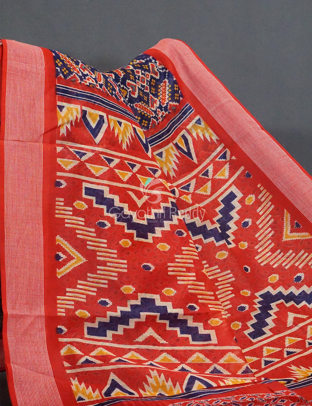 Shades Of Navy Blue And Red Patola Print Semi Chanderi Saree By Gayathri Reddy Designer Studio | Grocsy