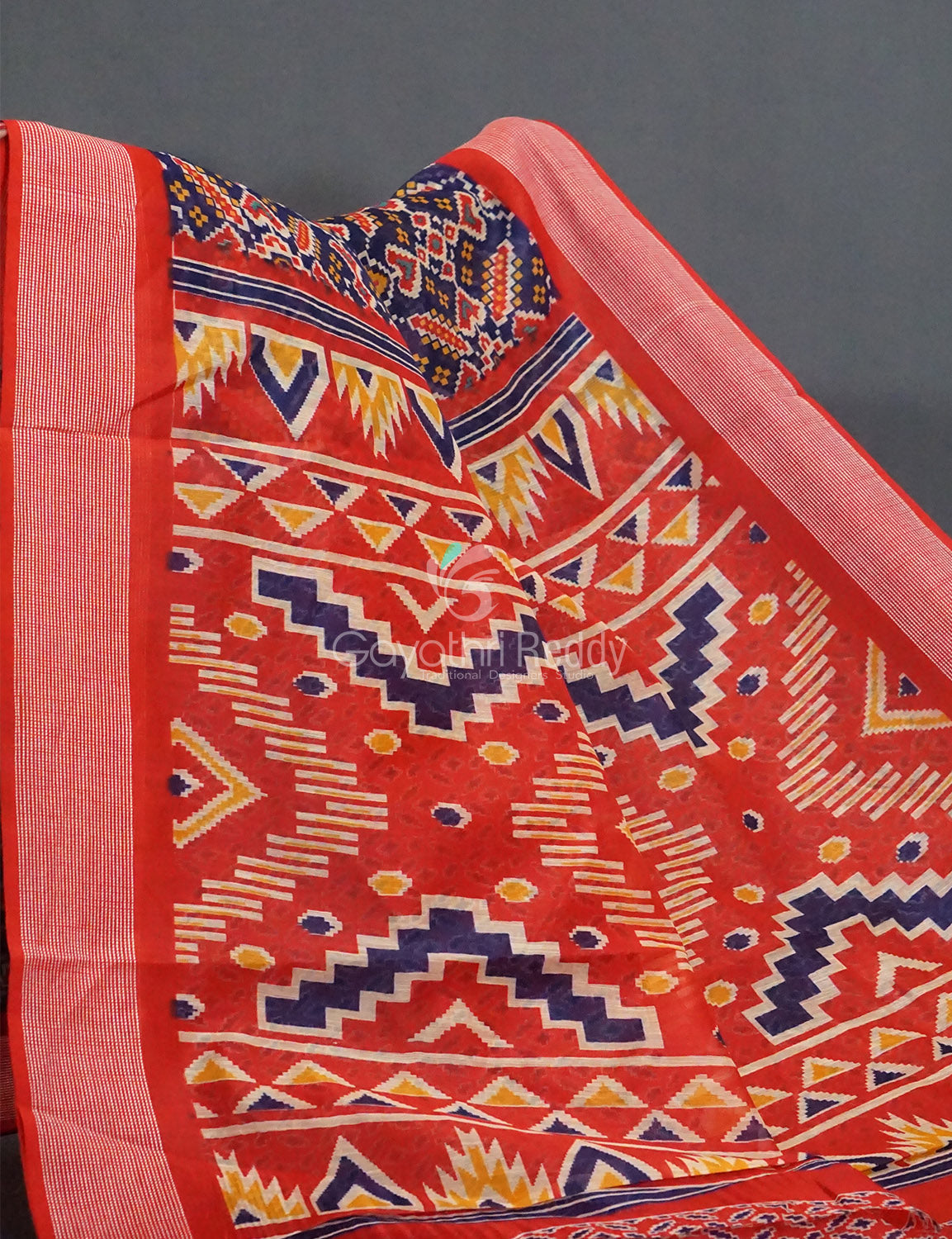 Shades Of Navy Blue And Red Patola Print Semi Chanderi Saree By Gayathri Reddy Designer Studio | Grocsy