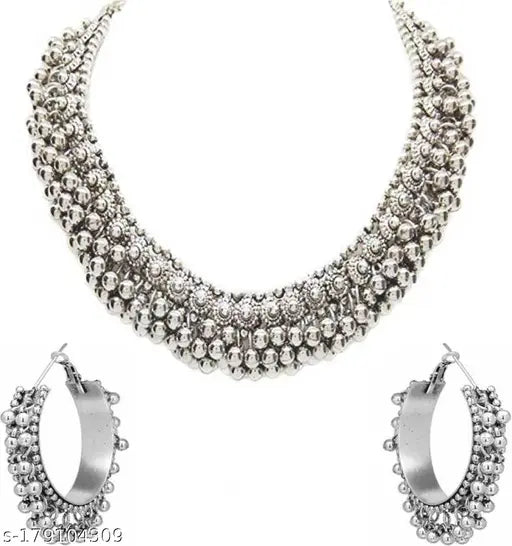 Tehzeeb Creations Women's Silver Colour Ghungroo Design Bracelet Necklace And Earrings | Grocsy