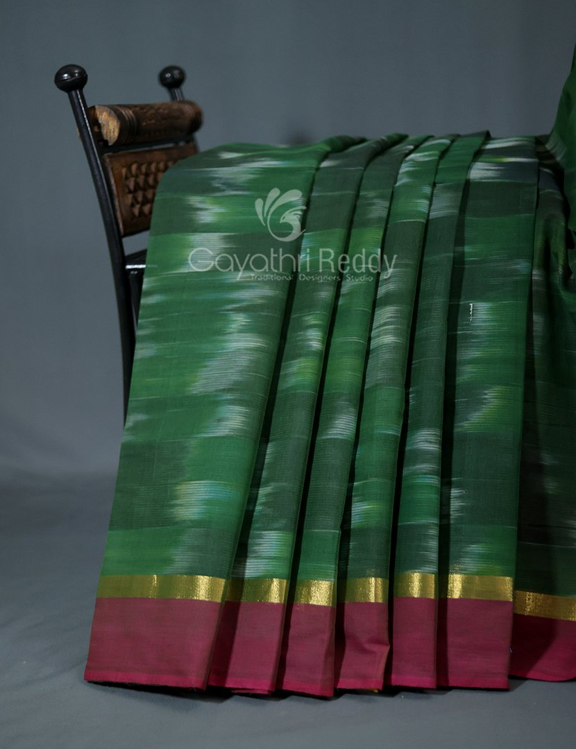 Dual Shades of Mango Green And Maroon Mangalagiri Ikkat Cotton Saree By Gayathri Reddy Designer Studio | Grocsy
