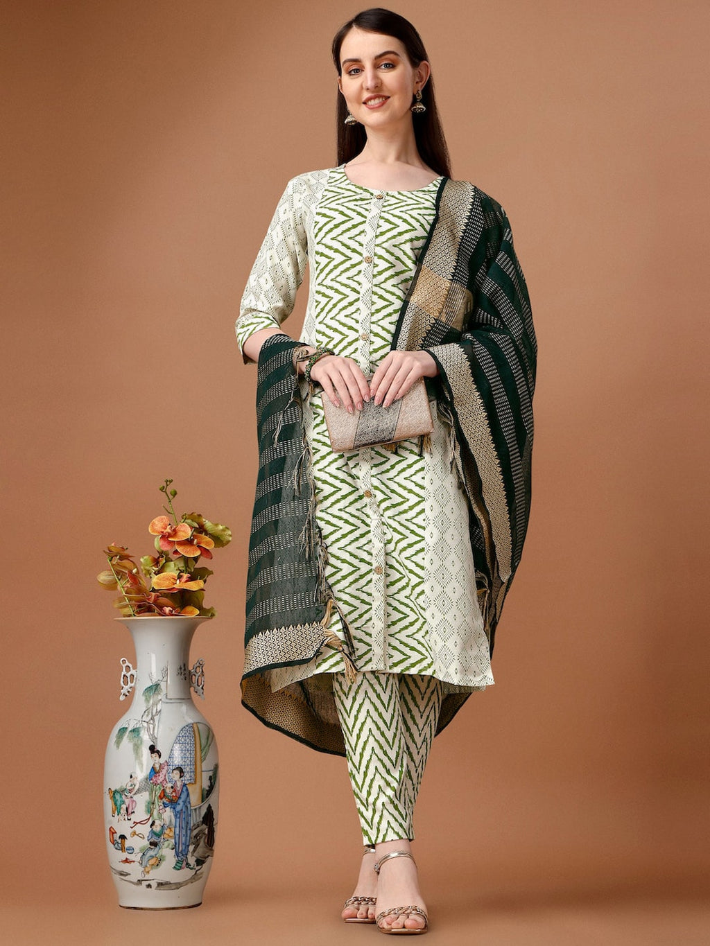 HERE&NOW Geometric Printed Pure Cotton Kurta With Trousers & Dupatta | Grocsy