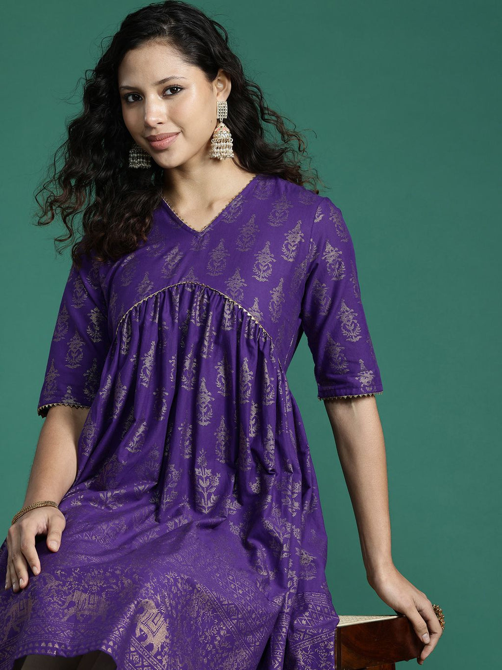 Sangria Ethnic Motifs Print Gotta Patti Pure Cotton Anarkali Kurta | Grocsy