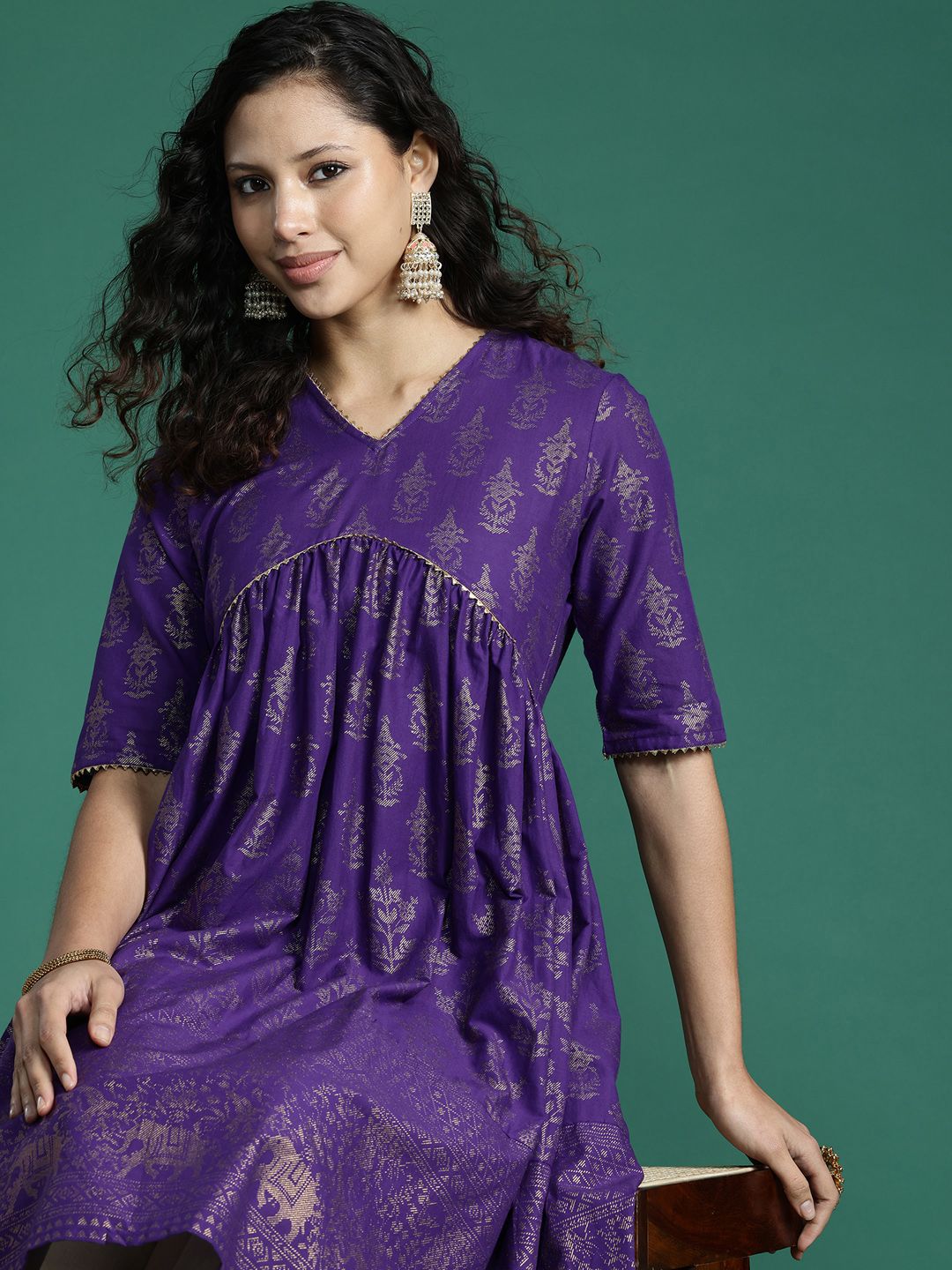 Sangria Ethnic Motifs Print Gotta Patti Pure Cotton Anarkali Kurta | Grocsy