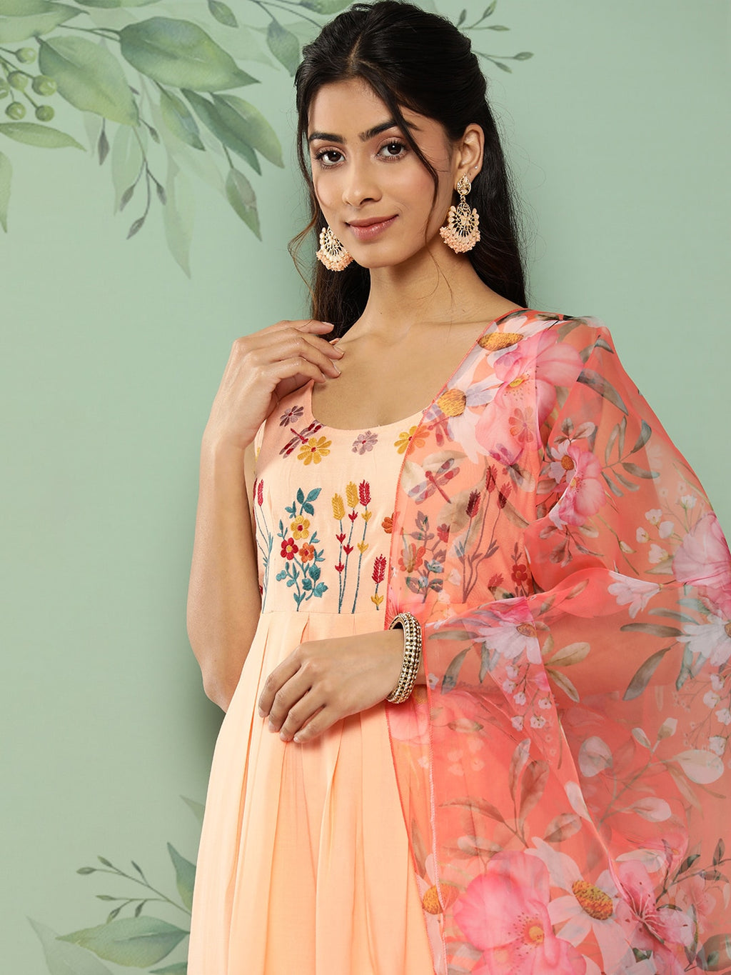HERE&NOW Women Floral Yoke Design Pleated Thread Work Kurta with Trousers & Dupatta | Grocsy