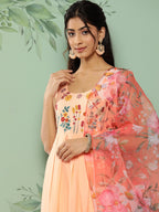 HERE&NOW Women Floral Yoke Design Pleated Thread Work Kurta with Trousers & Dupatta | Grocsy