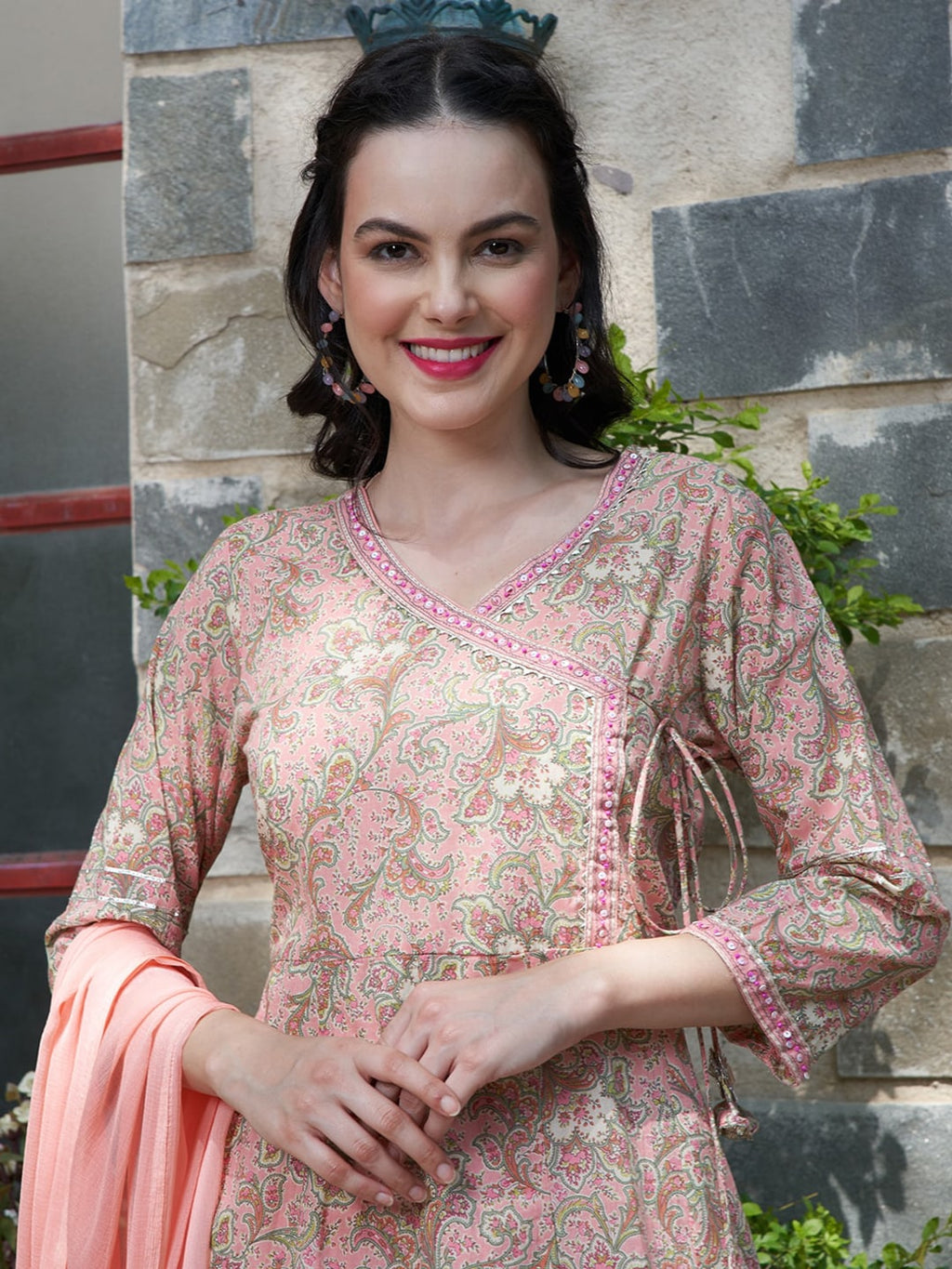 Sangria Peach Floral Printed Gotta Patti Pure Cotton A-Line Kurta with Trousers & Dupatta | Grocsy