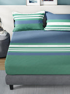 Nautica Bradford Blue & Green Striped 160 TC Pure Cotton King Bedsheet & 2 Pillow Covers | Grocsy