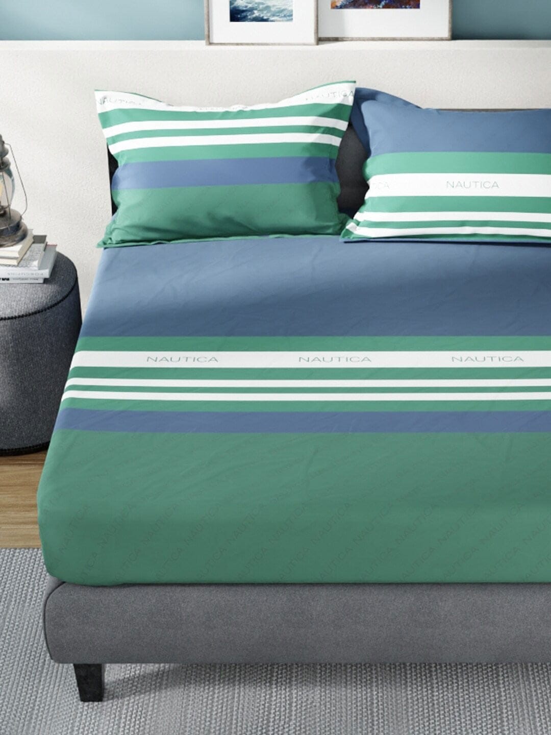 Nautica Bradford Blue & Green Striped 160 TC Pure Cotton King Bedsheet & 2 Pillow Covers | Grocsy