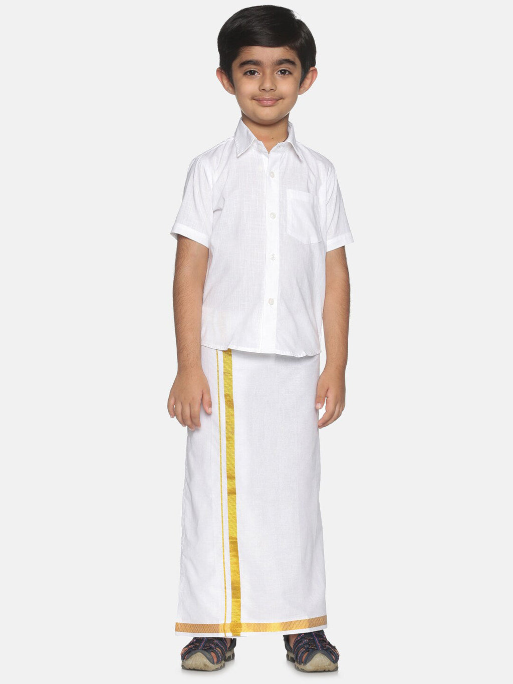 Sethukrishna Boys White & Gold-Toned Shirt with Dhoti | Grocsy