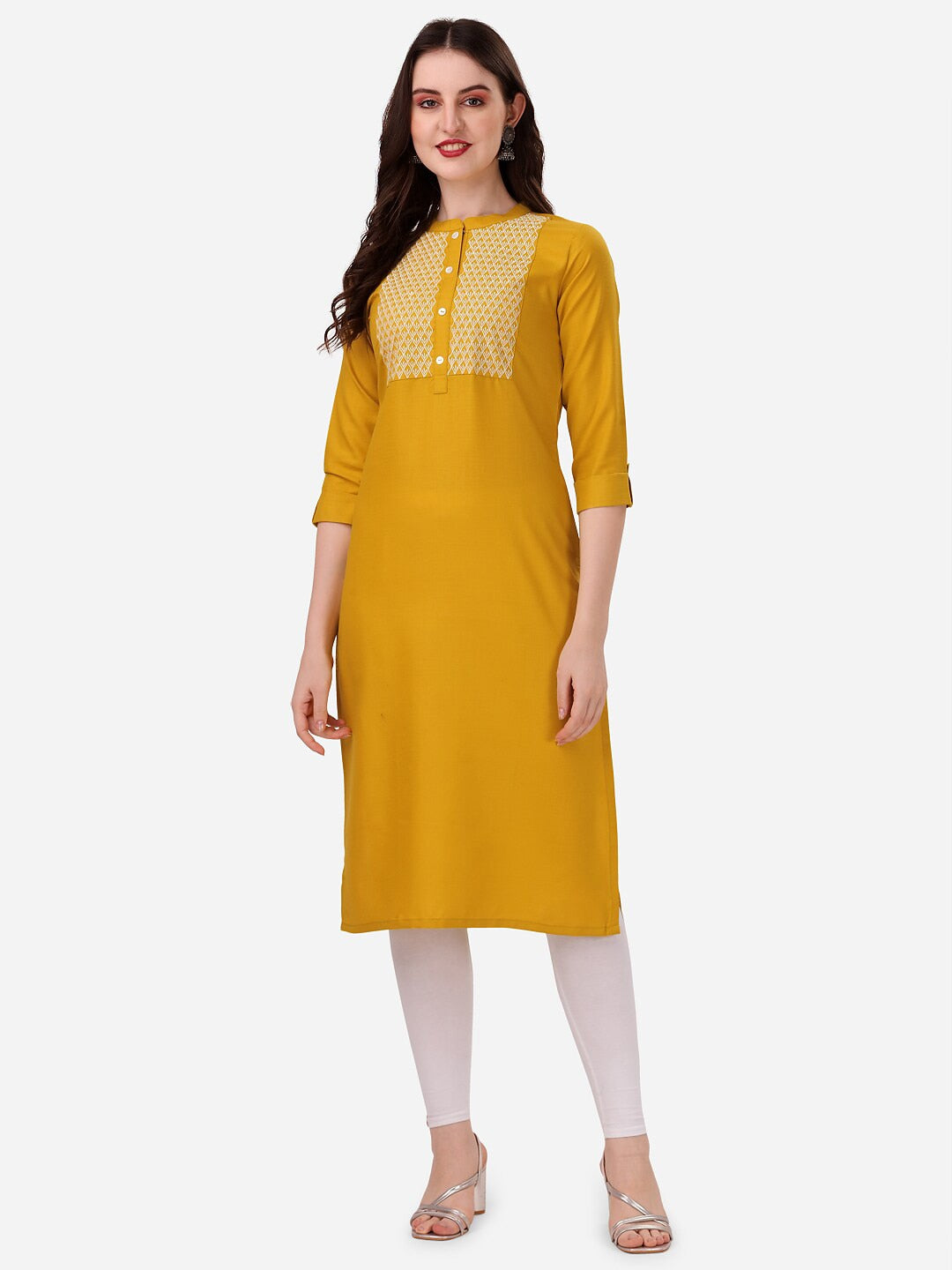 HERE&NOW Yoke Design Mandarin Collar Thread Work Cotton Kurta | Grocsy