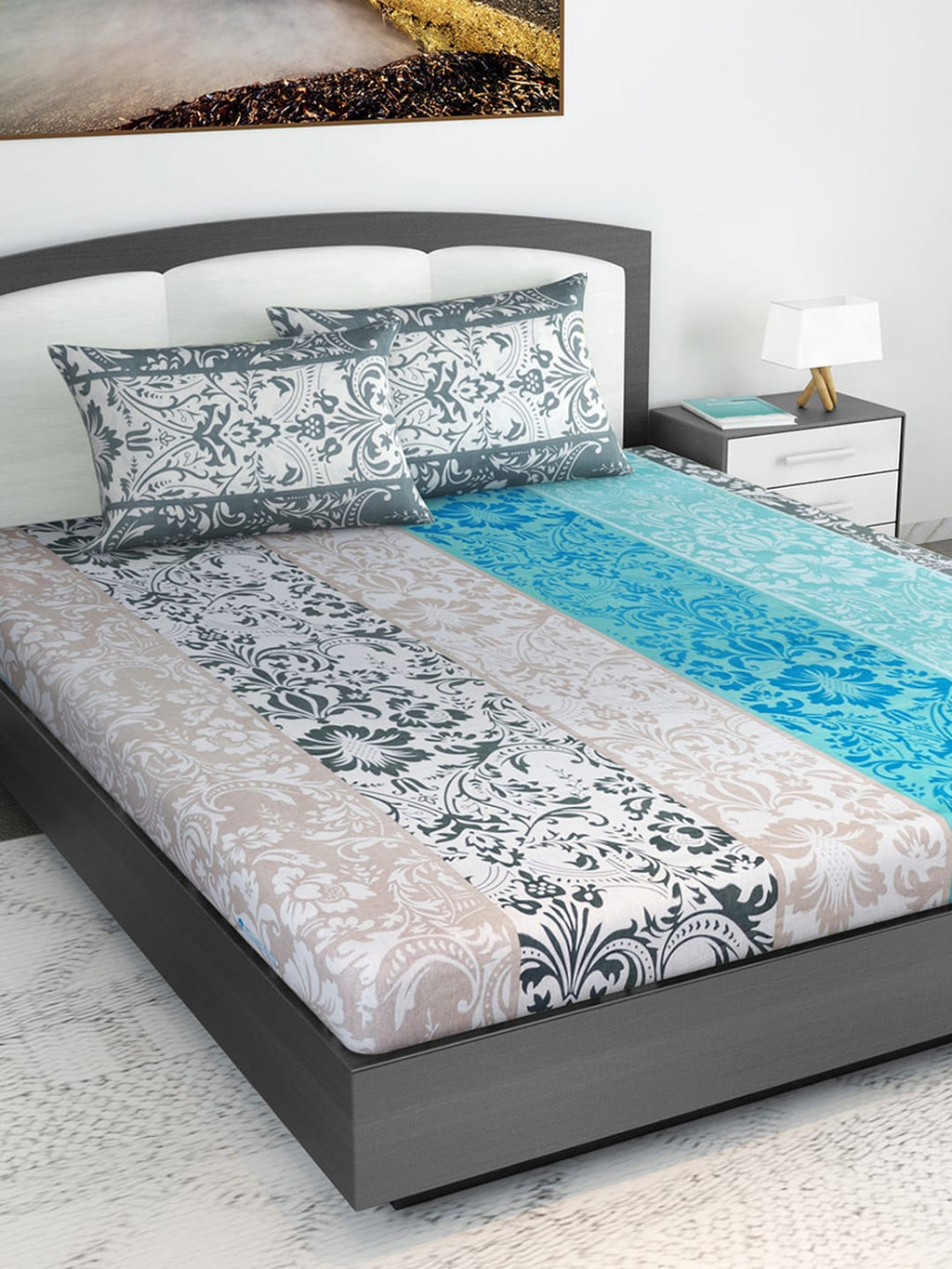 Divine Casa Blue & Grey Ethnic Motifs 120 TC Bedsheet with Pillow Covers | Grocsy