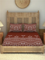 SPACES Warli Orange & White Printed Cotton 210 TC King Bedsheet with 2 Pillow Covers | Grocsy