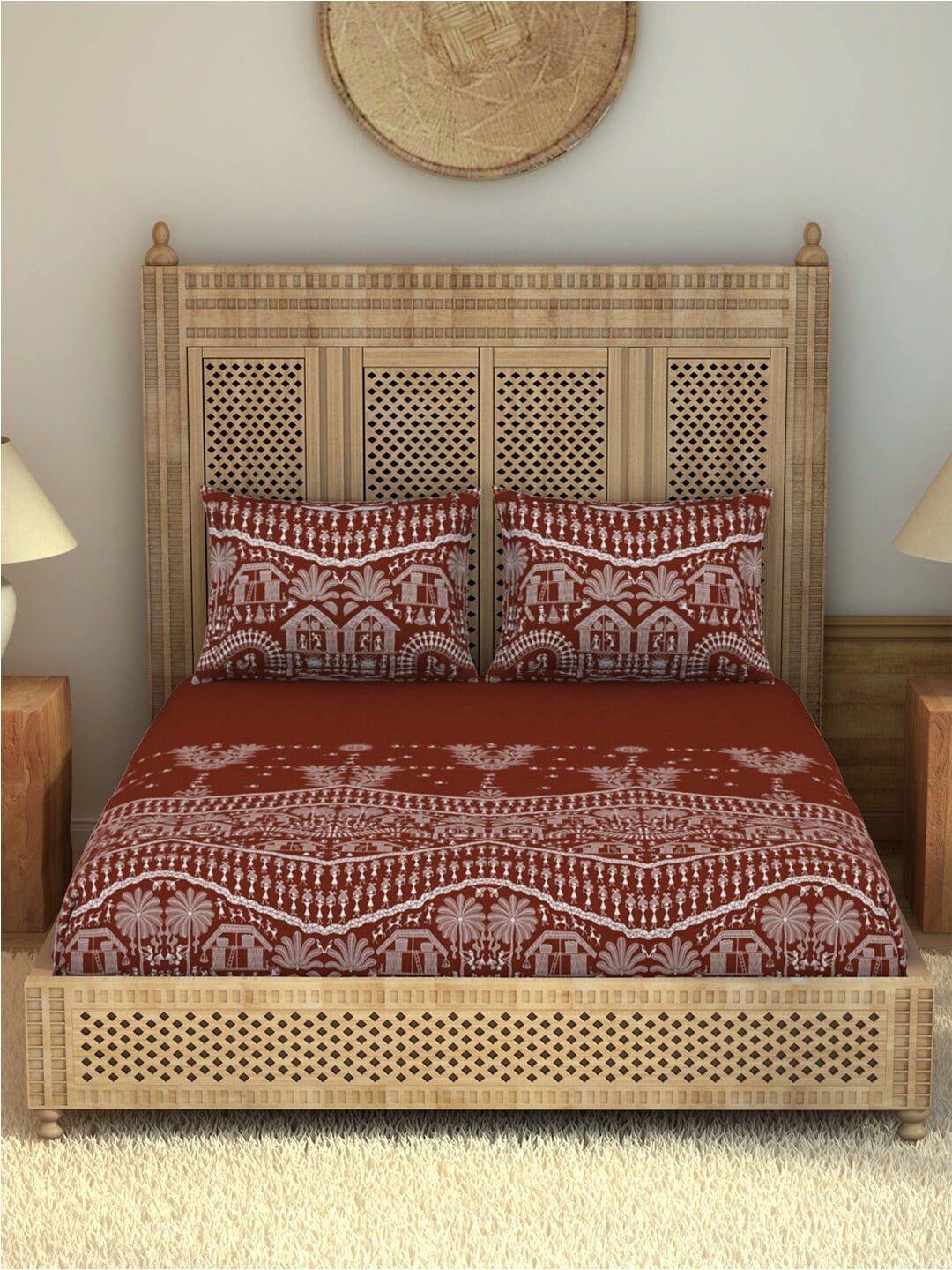 SPACES Warli Orange & White Printed Cotton 210 TC King Bedsheet with 2 Pillow Covers | Grocsy