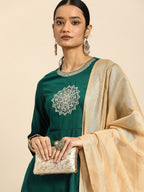 All About You Women Teal Green Embroidered Kurta with Dupatta | Grocsy