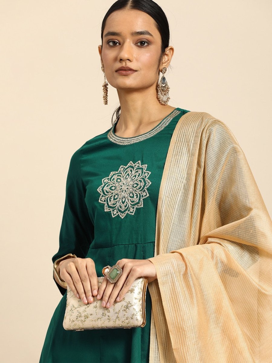 All About You Women Teal Green Embroidered Kurta with Dupatta | Grocsy