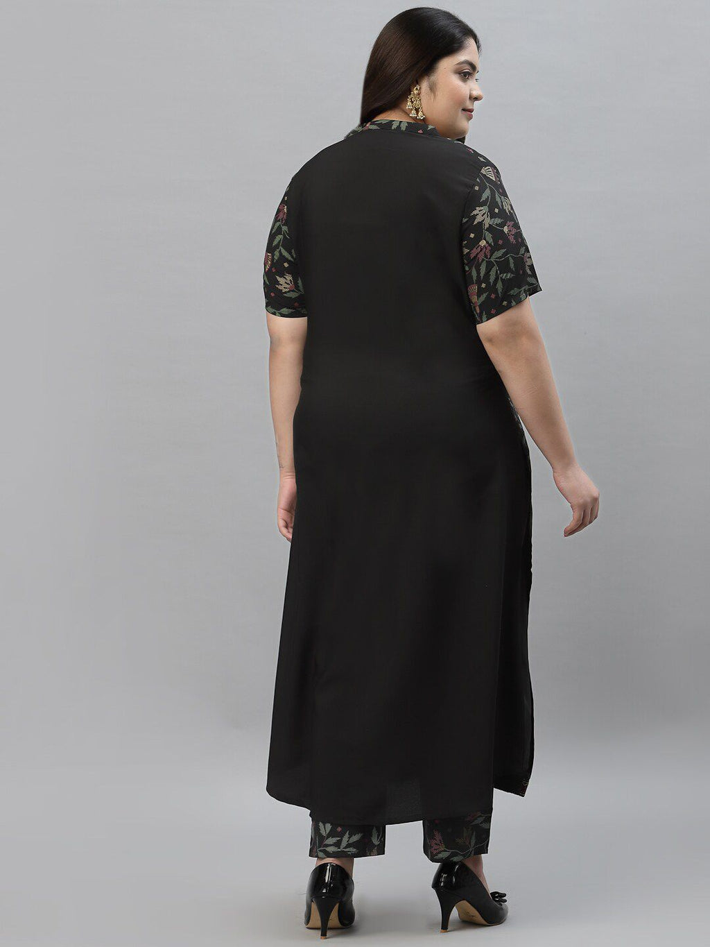 Sztori Plus Size Floral Printed Mandarin Collar Foil Printed A-Line Kurta With Trouser | Grocsy