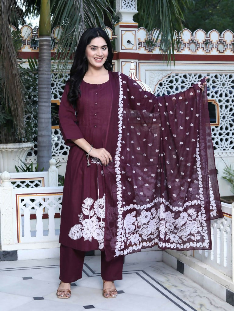 Miravan Women's Wine Pintucks Cotton Floral Elegant Straight Kurta and Palazzo with Dupatta Set | Grocsy