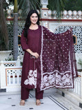 Miravan Women's Wine Pintucks Cotton Floral Elegant Straight Kurta and Palazzo with Dupatta Set | Grocsy
