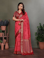Joban Fashion Carrot Red Woven Design Banarasi Silk Sarees | Grocsy