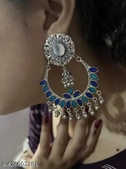 Tehzeeb Creations Women's Silver Plated Blue Meenakari Earrings | Grocsy