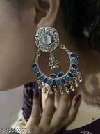 Tehzeeb Creations Women's Silver Plated Blue Meenakari Earrings | Grocsy