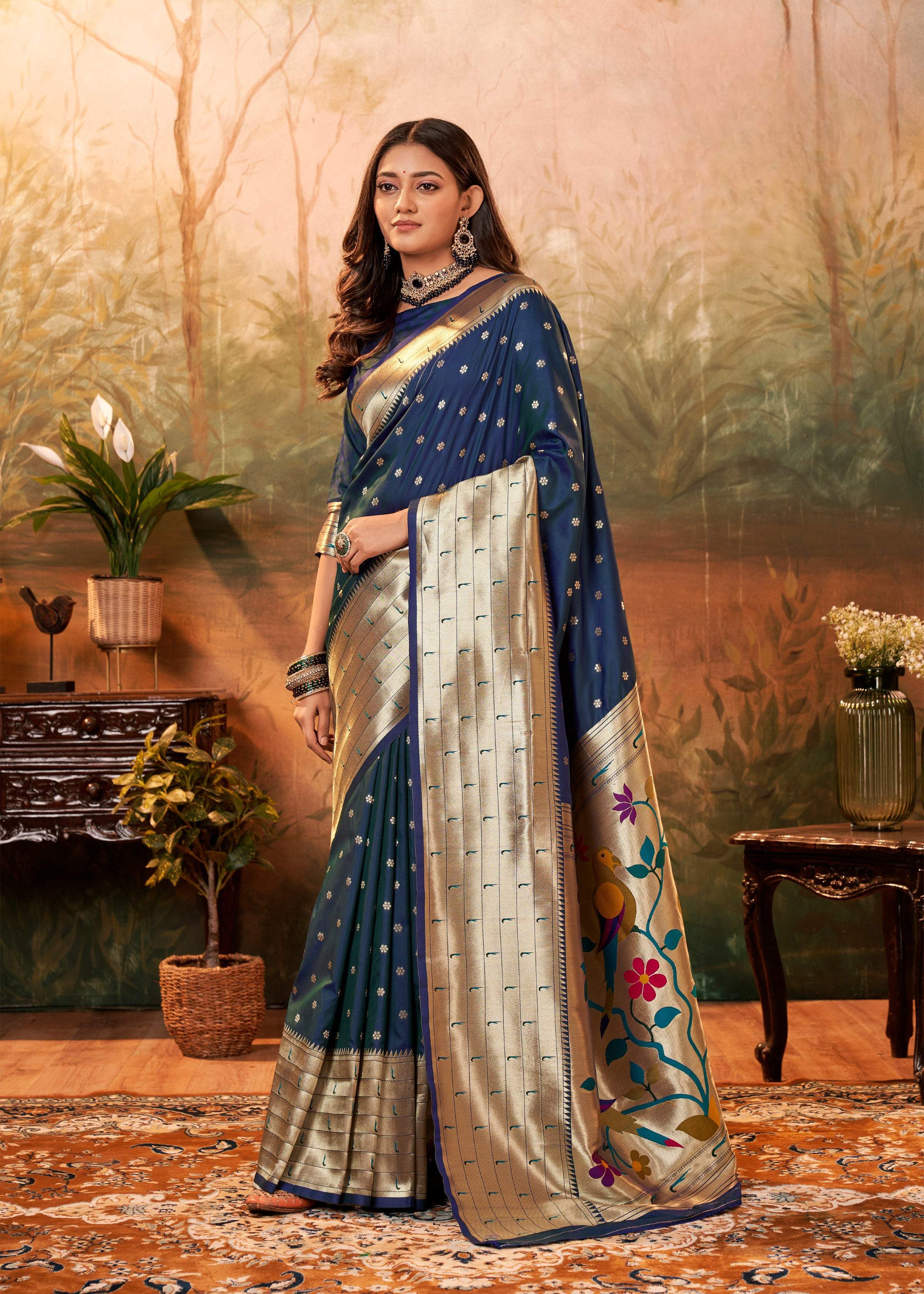 Anaita Navy Blue Designer Zari Weaving Pure Paithani Silk Saree With Blouse | Grocsy