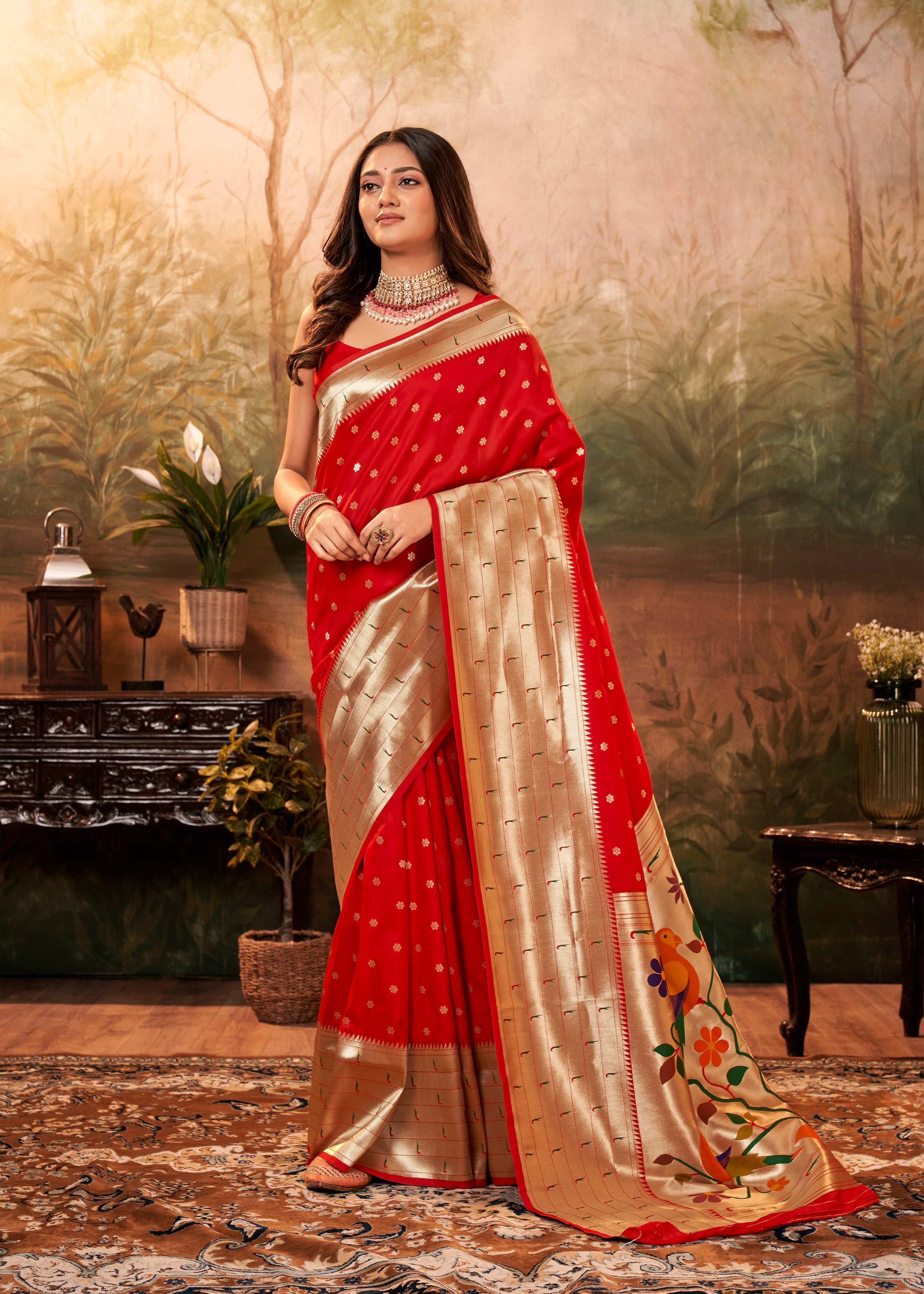 Anaita Red Designer Zari Weaving Pure Paithani Silk Saree With Blouse | Grocsy