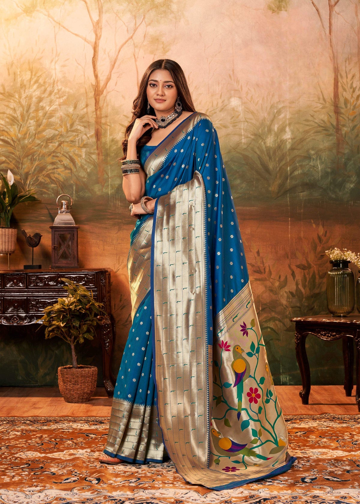 Anaita Teal Designer Zari Weaving Pure Paithani Silk Saree With Blouse | Grocsy