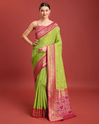 Monjolika Fashion Exquisite Designs With This Regal Parrot Green Patola Pallu Banarasi Tissue Silk Saree | Grocsy
