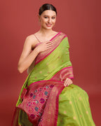 Monjolika Fashion Exquisite Designs With This Regal Parrot Green Patola Pallu Banarasi Tissue Silk Saree | Grocsy