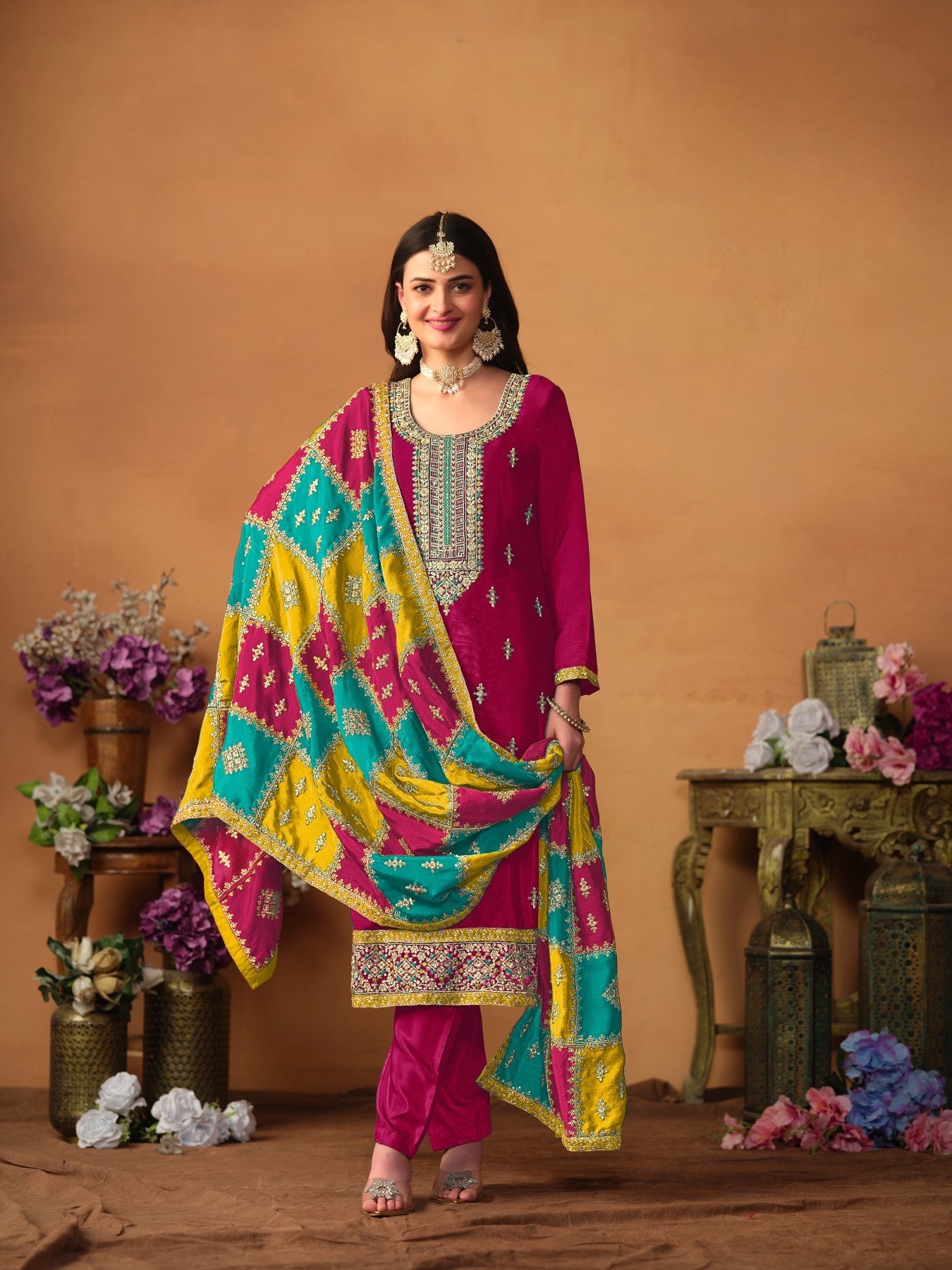 Anaita Wine Embroidered Soft Organza Salwar Suit | Grocsy