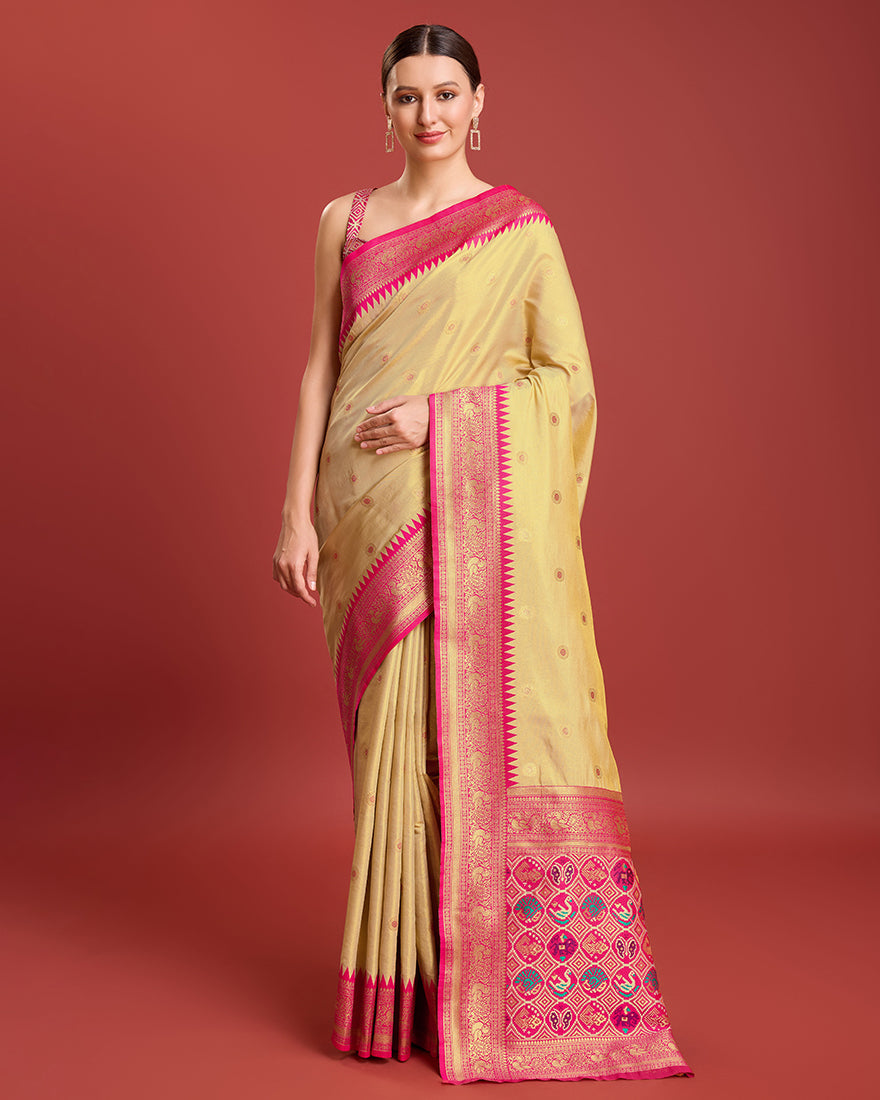 Monjolika Fashion Exquisite Designs With This Regal Beige Patola Pallu Banarasi Tissue Silk Saree | Grocsy
