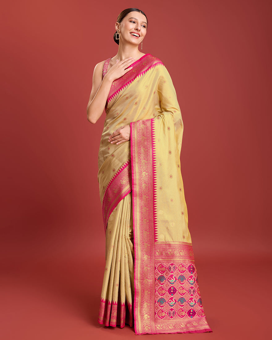 Monjolika Fashion Exquisite Designs With This Regal Beige Patola Pallu Banarasi Tissue Silk Saree | Grocsy