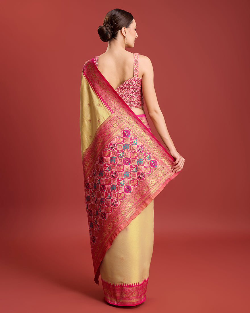 Monjolika Fashion Exquisite Designs With This Regal Beige Patola Pallu Banarasi Tissue Silk Saree | Grocsy
