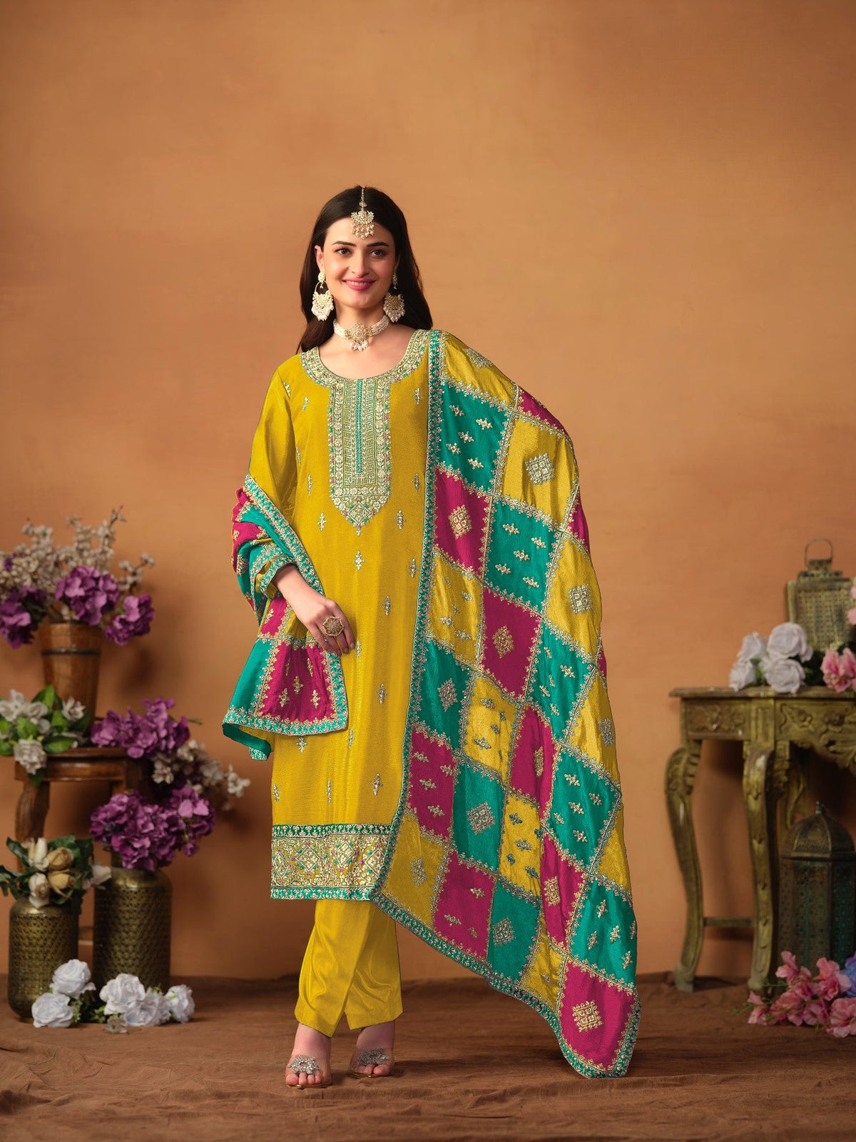 Anaita Mustard Embroidered Soft Organza Salwar Suit | Grocsy